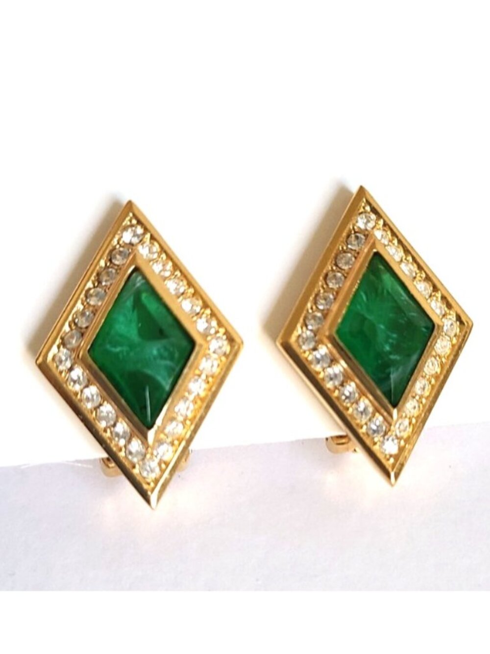 Christian Dior Vintage Luxury Gold Emerald Green Rhinestone Clip-On Earrings
